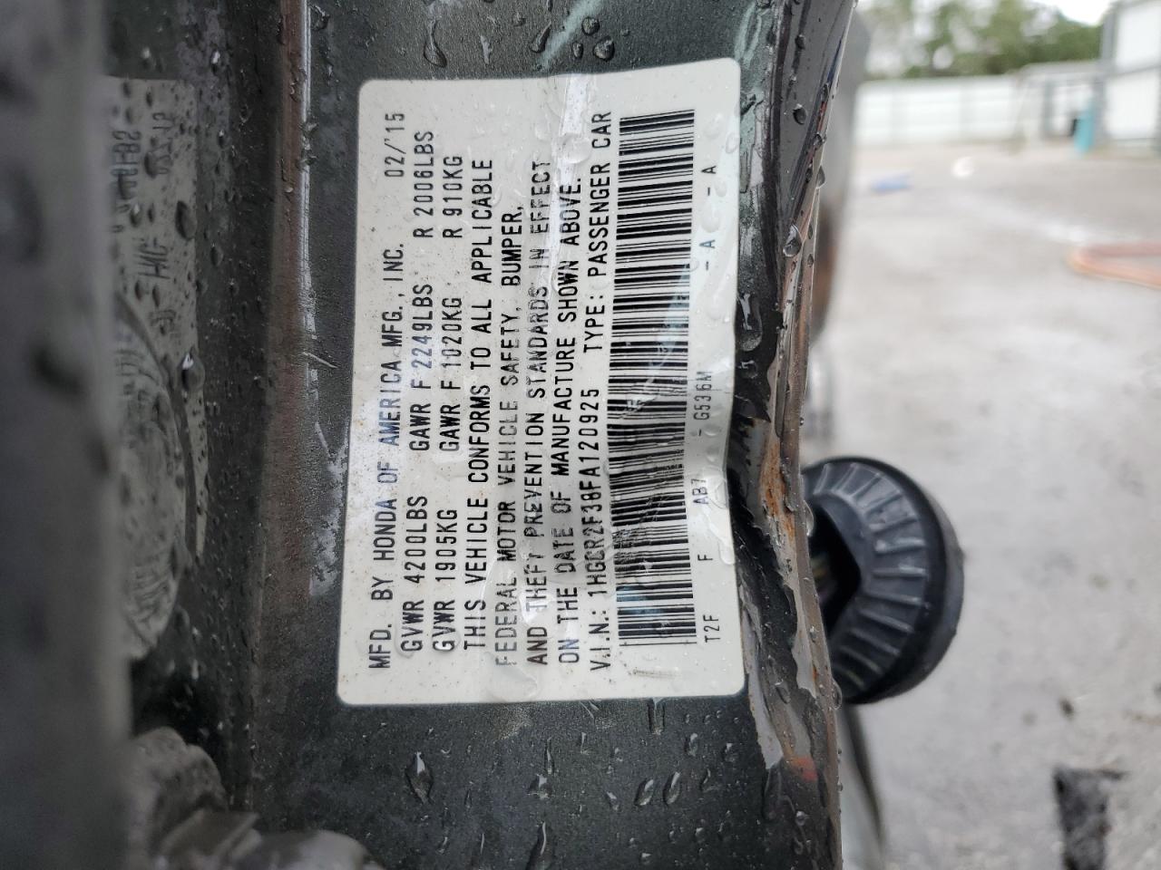 2015 Honda Accord Lx VIN: 1HGCR2F38FA120925 Lot: 84371485