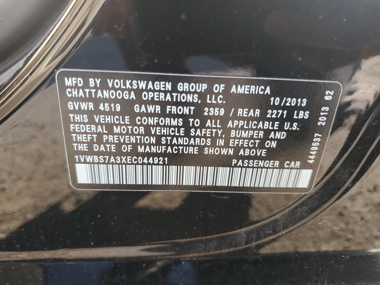 2014 Volkswagen Passat Se VIN: 1VWBS7A3XEC044921 Lot: 83948545