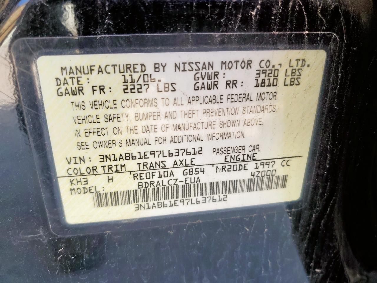 2007 Nissan Sentra 2.0 VIN: 3N1AB61E97L637612 Lot: 84204345