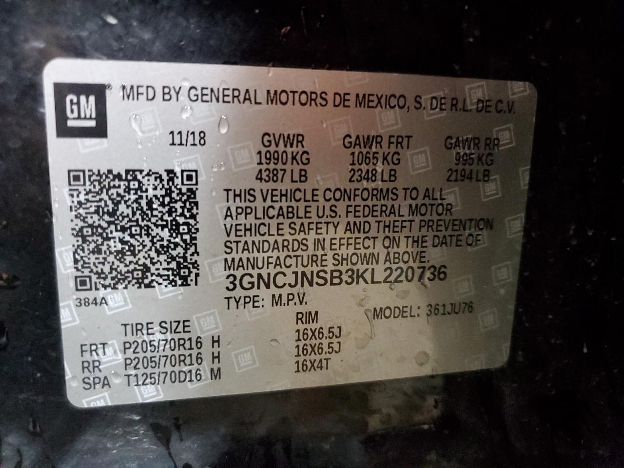 2019 Chevrolet Trax Ls VIN: 3GNCJNSB3KL220736 Lot: 80741315