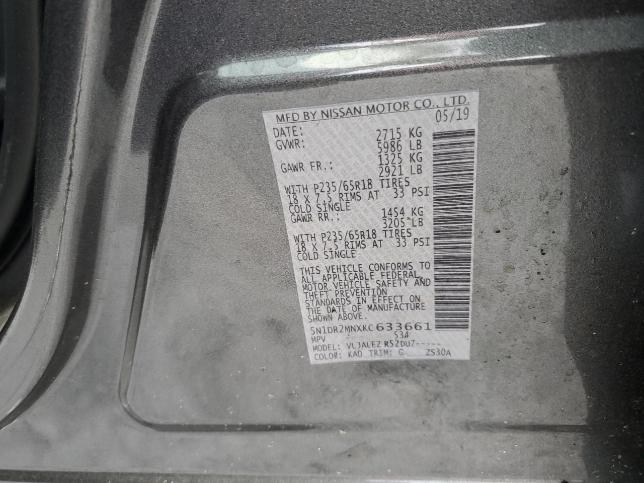 2019 Nissan Pathfinder S VIN: 5N1DR2MNXKC633661 Lot: 83798935