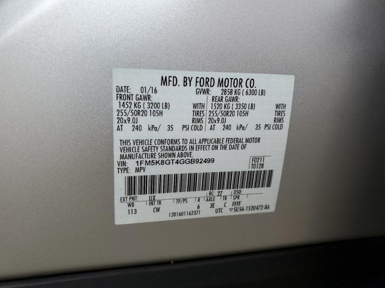 2016 Ford Explorer Sport VIN: 1FM5K8GT4GGB92499 Lot: 71482845