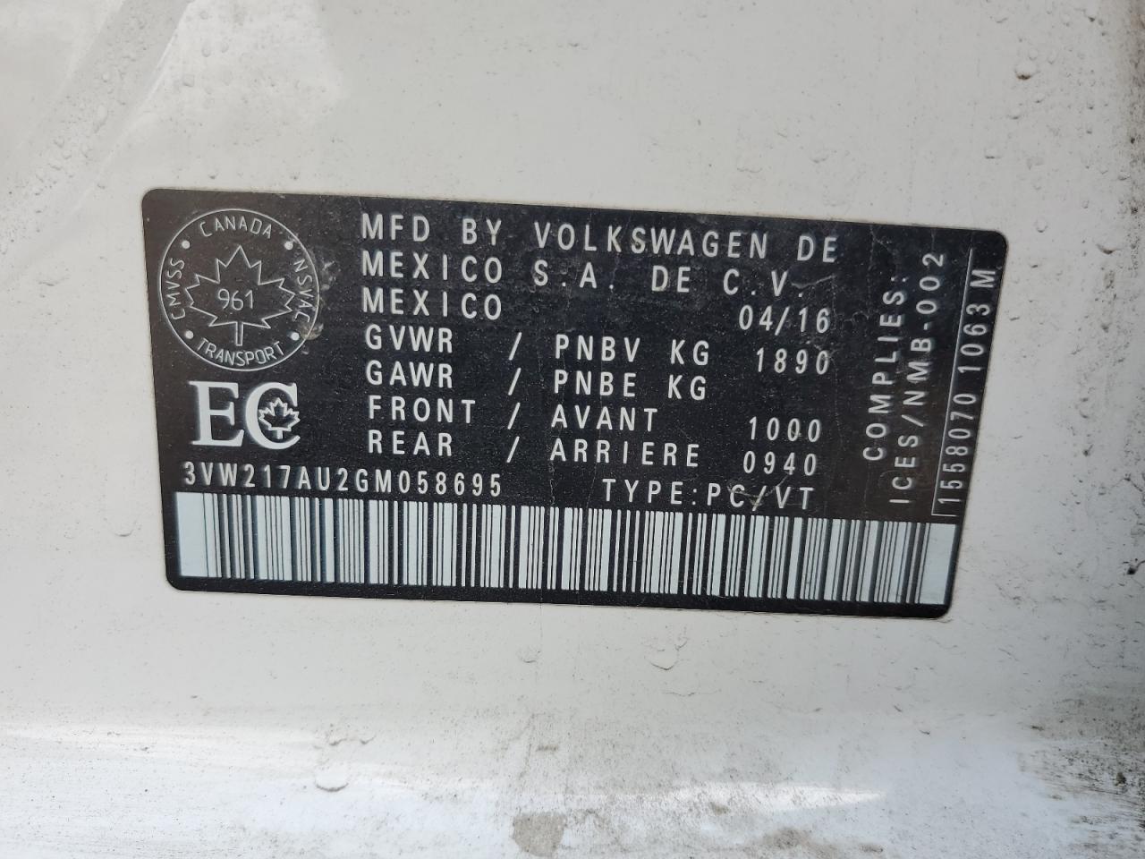 2016 Volkswagen Golf S/Se VIN: 3VW217AU2GM058695 Lot: 81473855