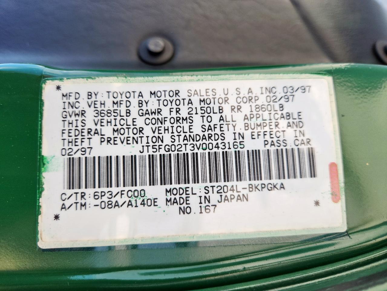 1997 Toyota Celica Gt VIN: JT5FG02T3V0043165 Lot: 81049925