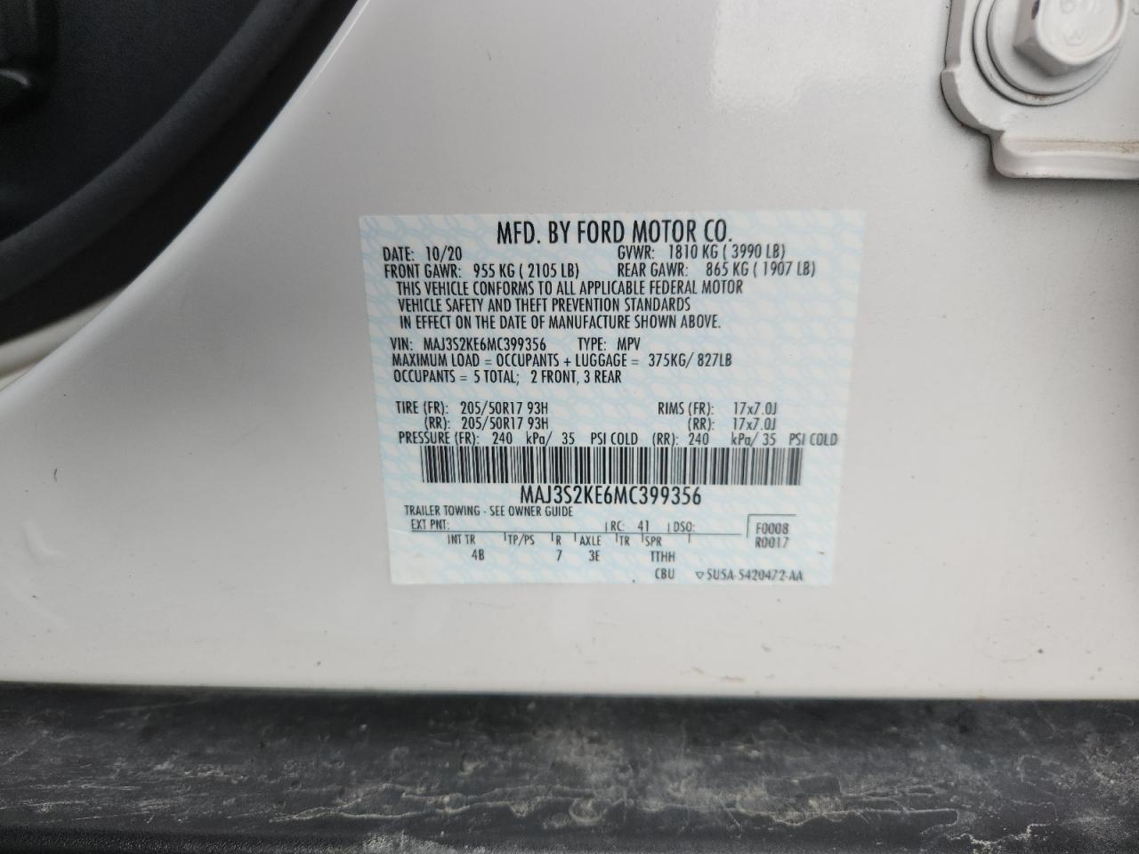 2021 Ford Ecosport Titanium VIN: MAJ3S2KE6MC399356 Lot: 84001515