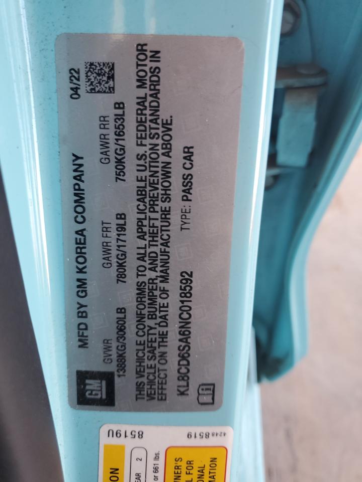 2022 Chevrolet Spark 1Lt VIN: KL8CD6SA6NC018592 Lot: 81762825