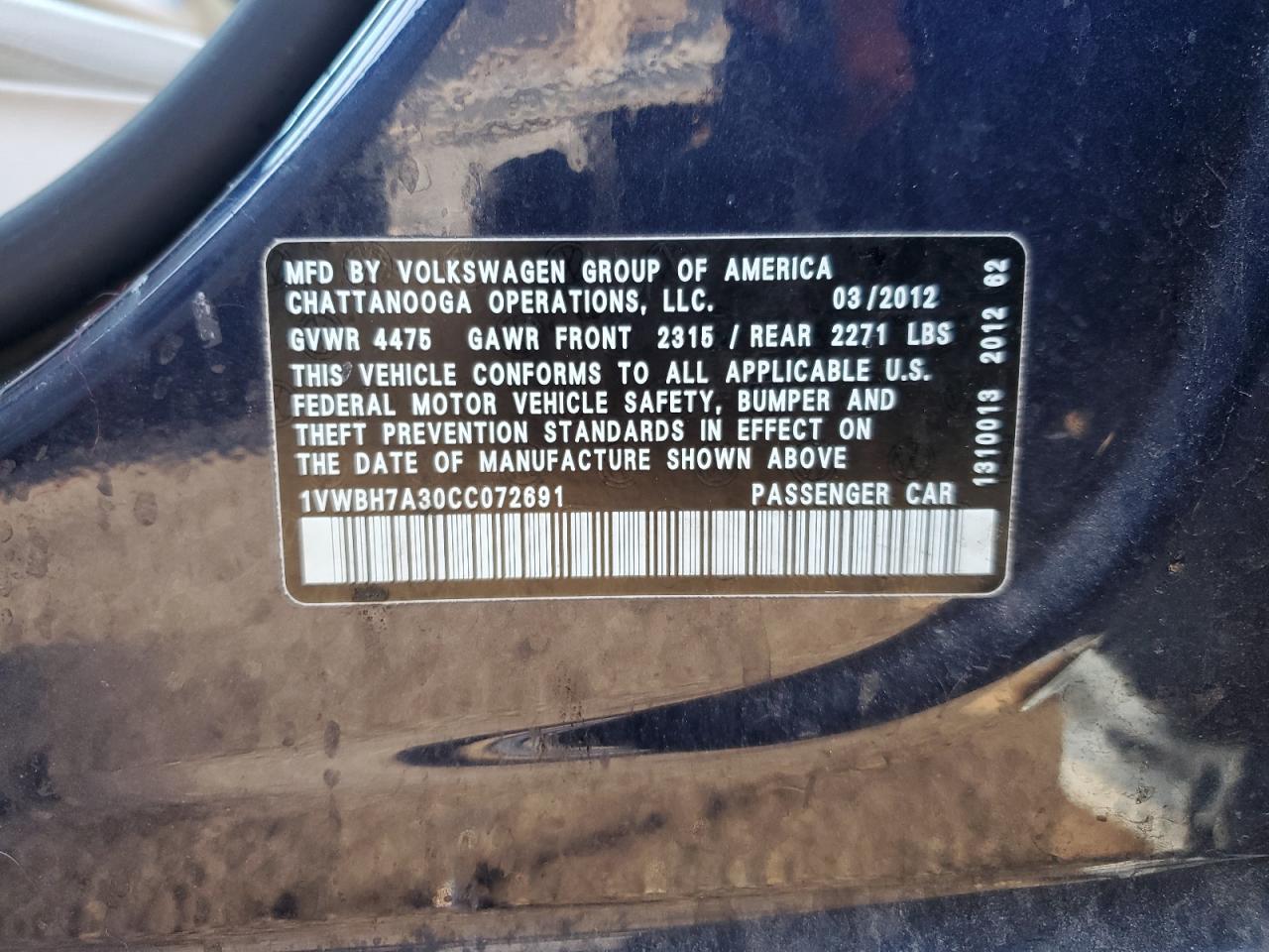 2012 Volkswagen Passat Se VIN: 1VWBH7A30CC072691 Lot: 80828925