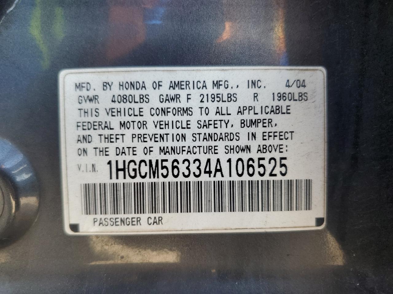 2004 Honda Accord Lx VIN: 1HGCM56334A106525 Lot: 81902785
