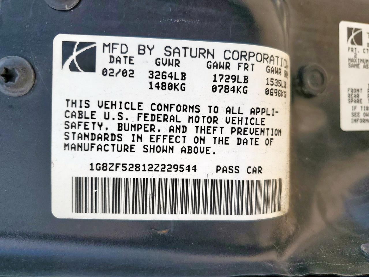 2002 Saturn Sl VIN: 1G8ZF52812Z229544 Lot: 83826835