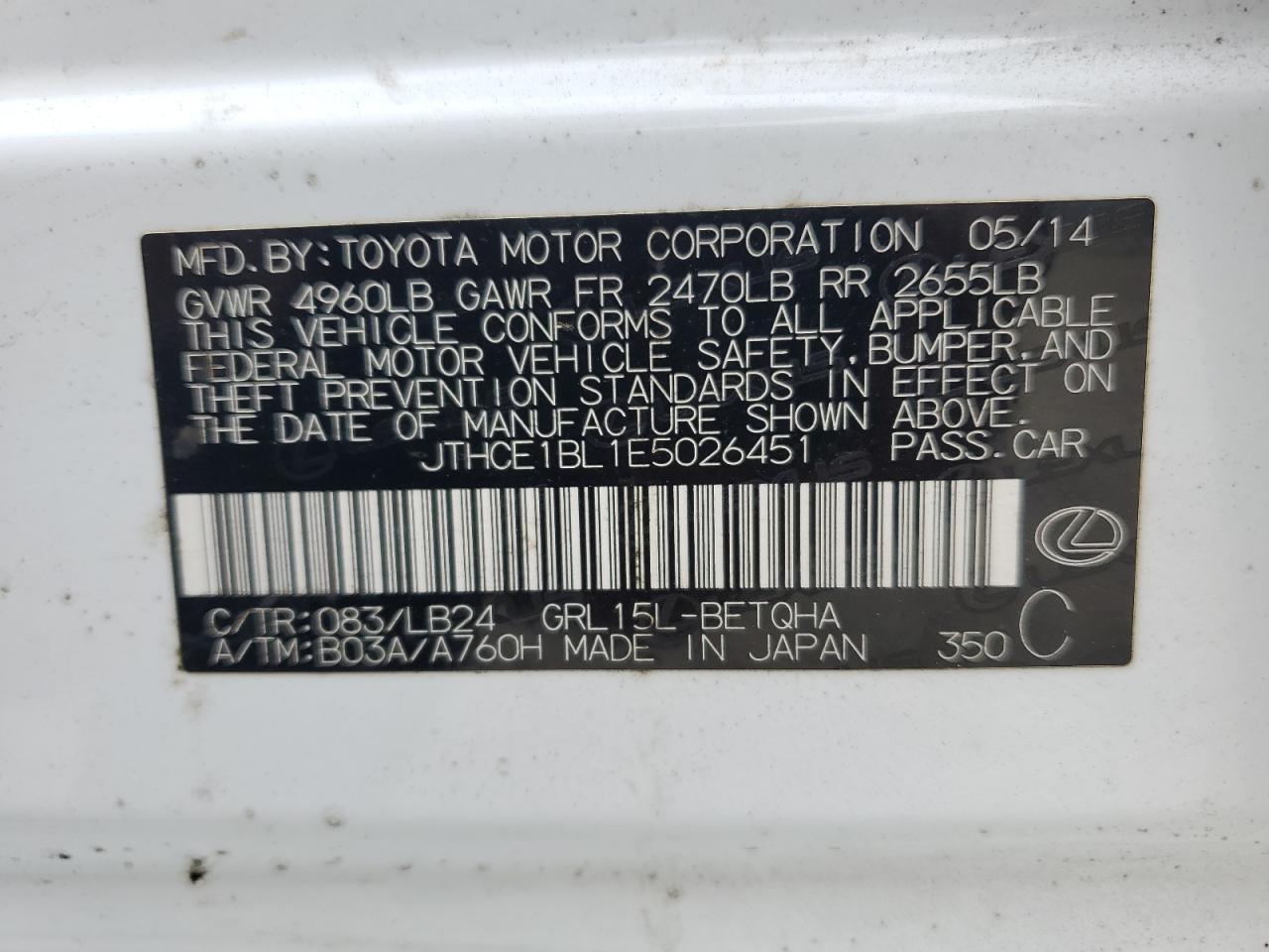 2014 Lexus Gs 350 VIN: JTHCE1BL1E5026451 Lot: 80212905