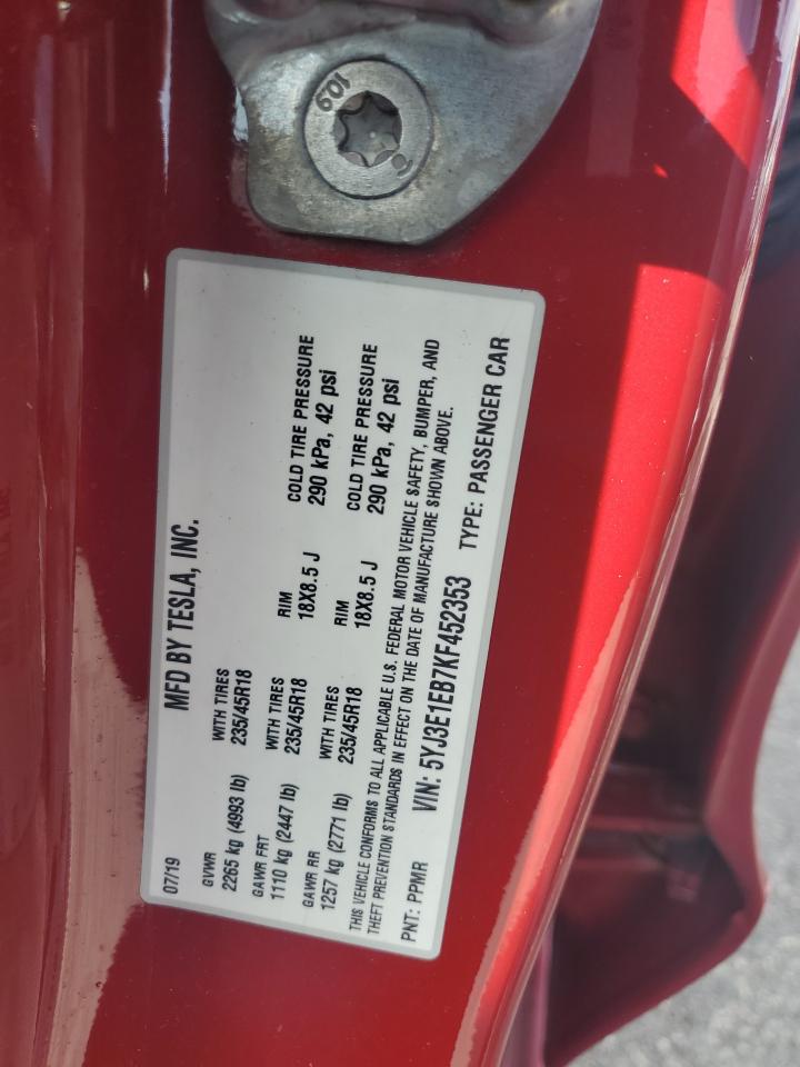 2019 Tesla Model 3 VIN: 5YJ3E1EB7KF452353 Lot: 80221385