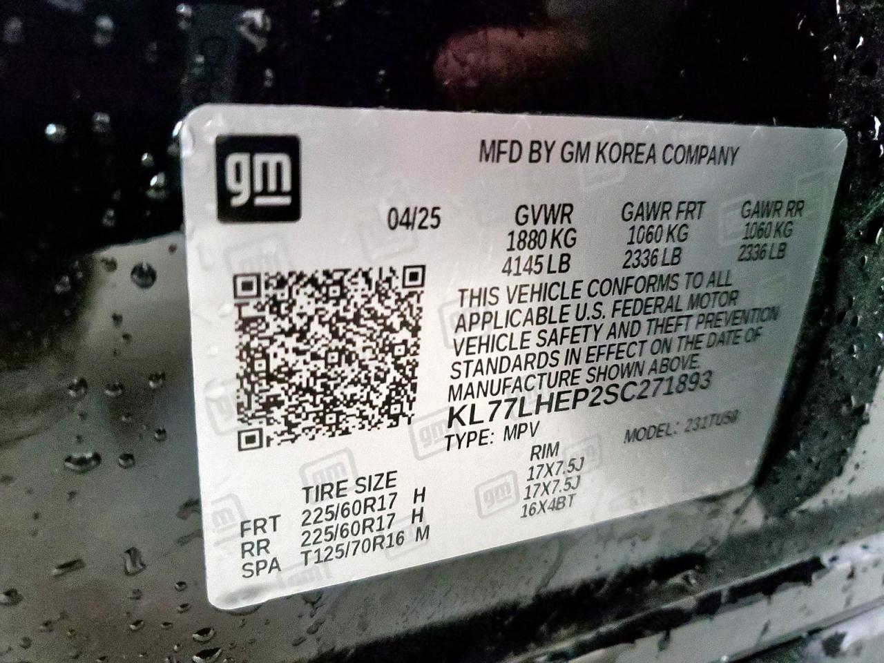 2025 Chevrolet Trax 1Lt VIN: KL77LHEP2SC271893 Lot: 84801325