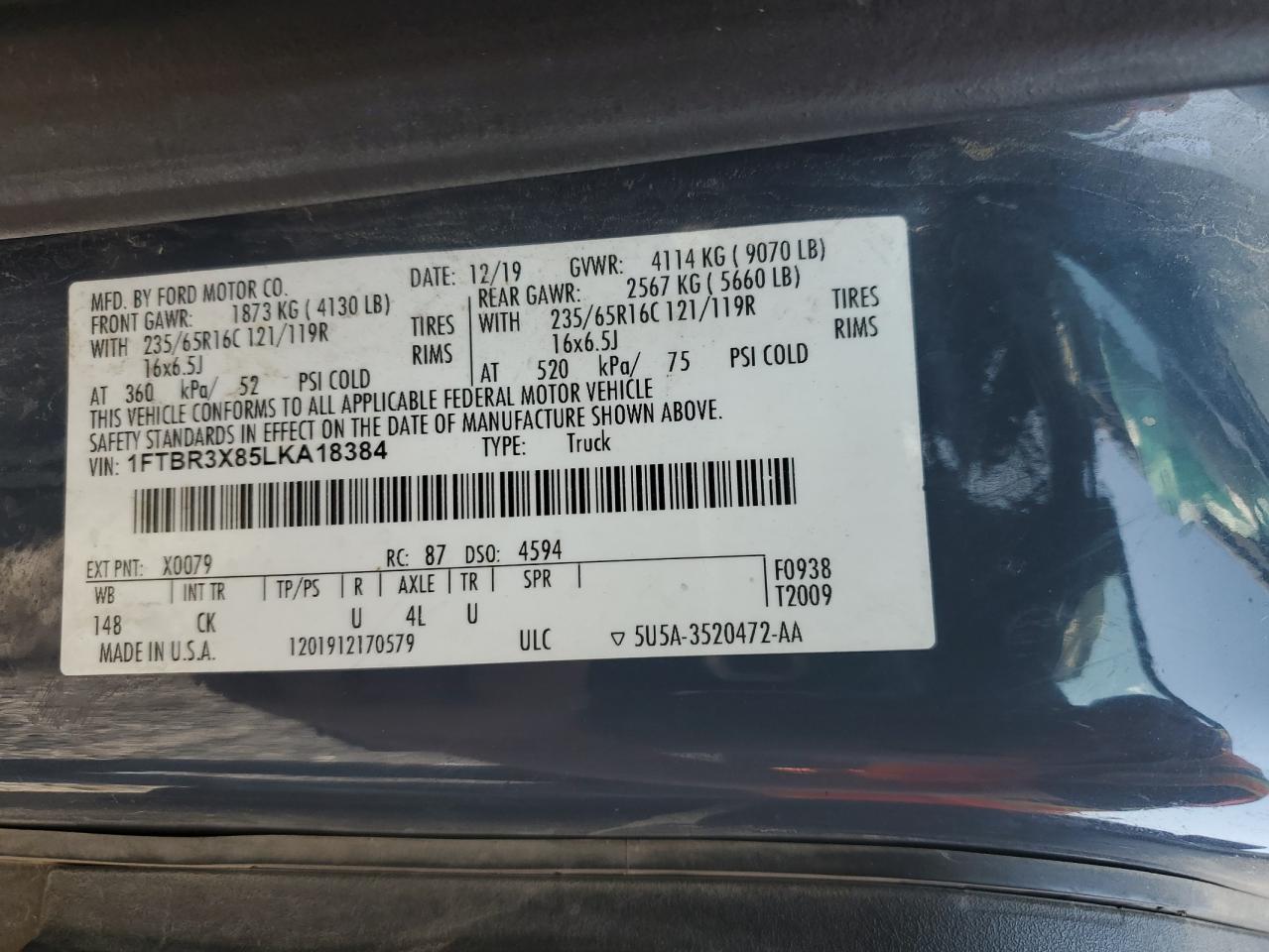 2020 Ford Transit T-250 VIN: 1FTBR3X85LKA18384 Lot: 81120355