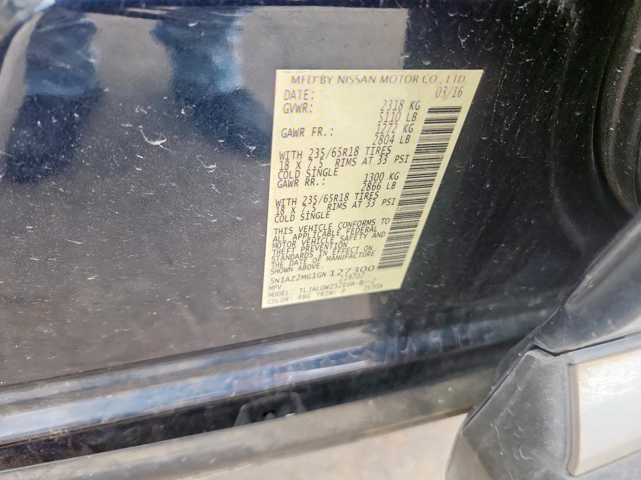 2016 Nissan Murano S VIN: 5N1AZ2MG1GN127300 Lot: 83761705