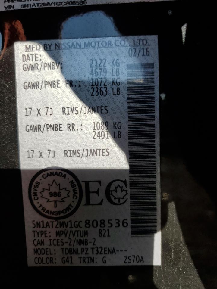 2016 Nissan Rogue S VIN: 5N1AT2MV1GC808536 Lot: 80887175