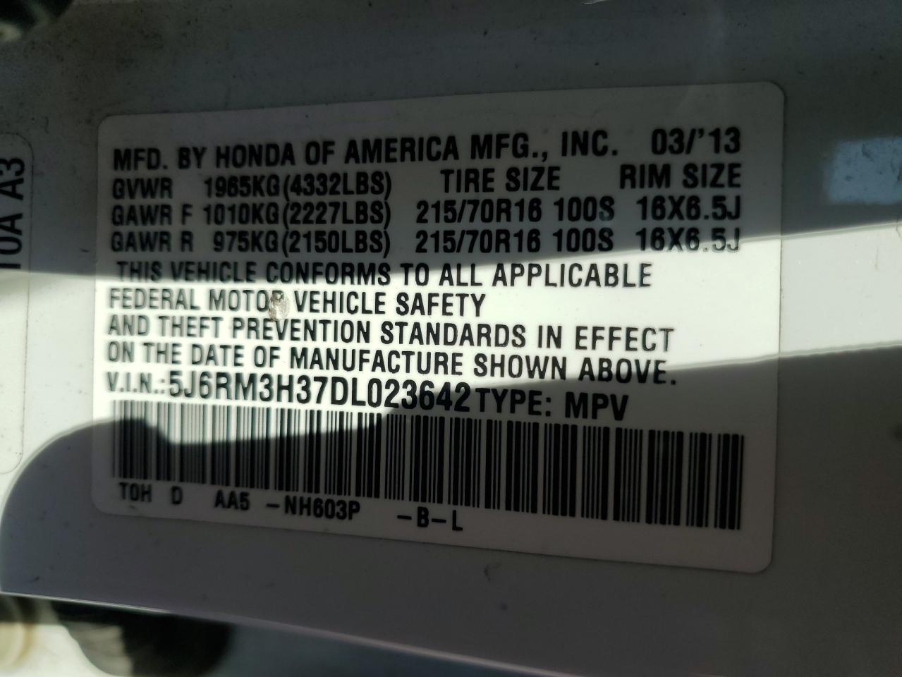 2013 Honda Cr-V Lx VIN: 5J6RM3H37DL023642 Lot: 80759725