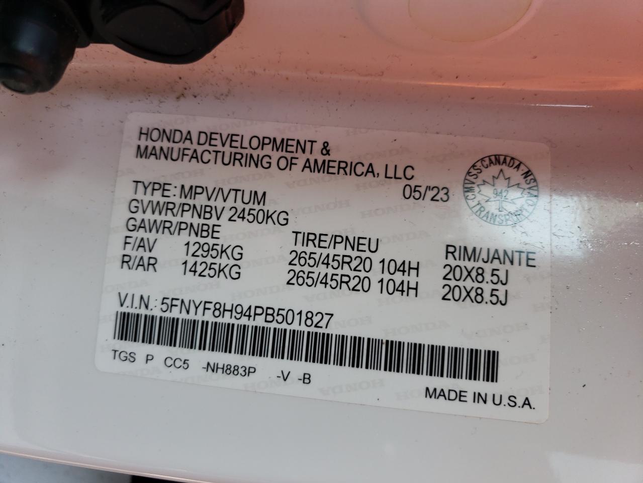 2023 Honda Passport Touring VIN: 5FNYF8H94PB501827 Lot: 80146355