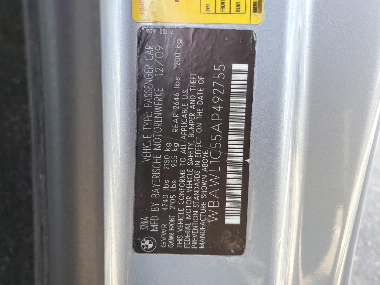 2010 BMW 328 I VIN: WBAWL1C55AP492755 Lot: 82142075