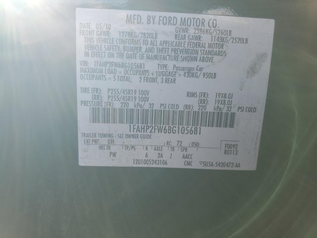 2011 Ford Taurus Limited VIN: 1FAHP2FW6BG105681 Lot: 80896195