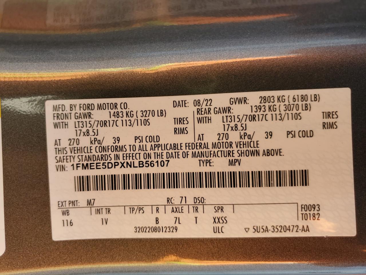 2022 Ford Bronco Base VIN: 1FMEE5DPXNLB56107 Lot: 83834855