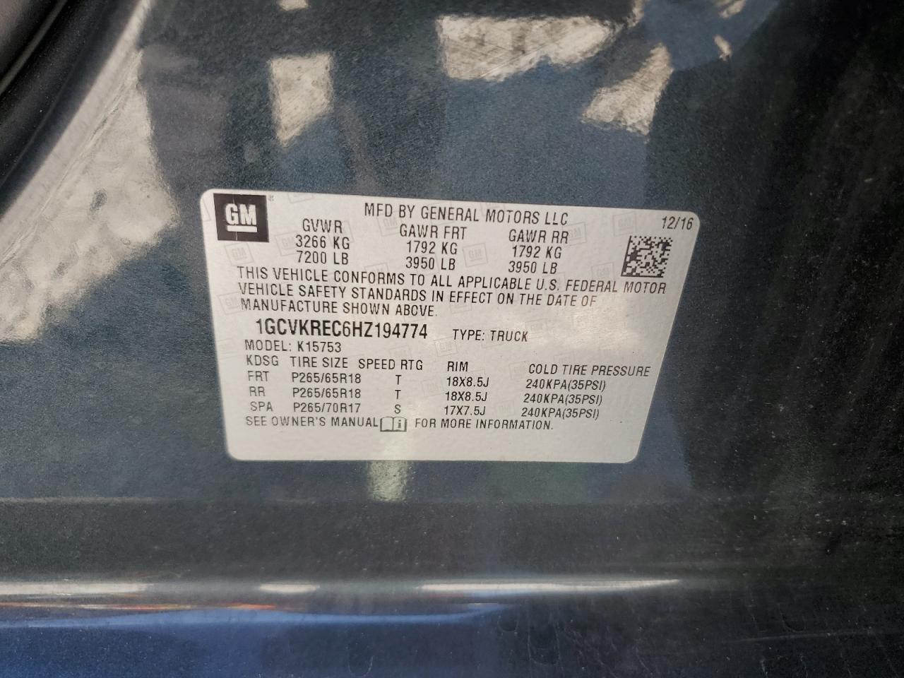 2017 Chevrolet Silverado K1500 Lt VIN: 1GCVKREC6HZ194774 Lot: 80684435