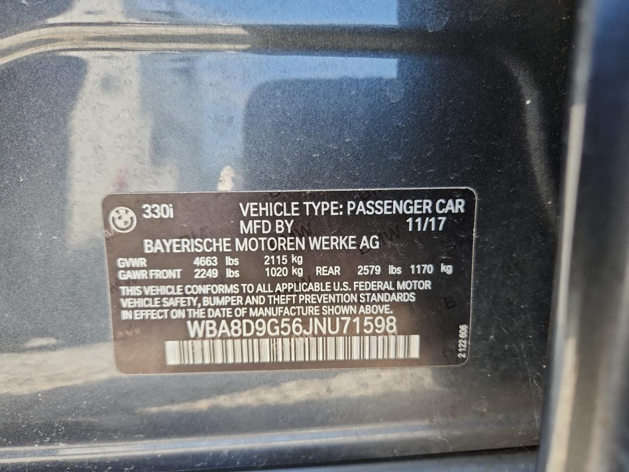 2018 BMW 330 Xi VIN: WBA8D9G56JNU71598 Lot: 80884445