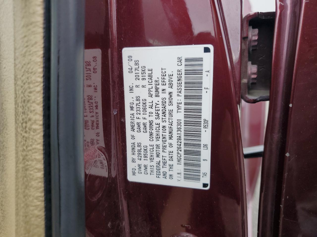 2009 Honda Accord Lxp VIN: 1HGCP26429A136301 Lot: 81917075