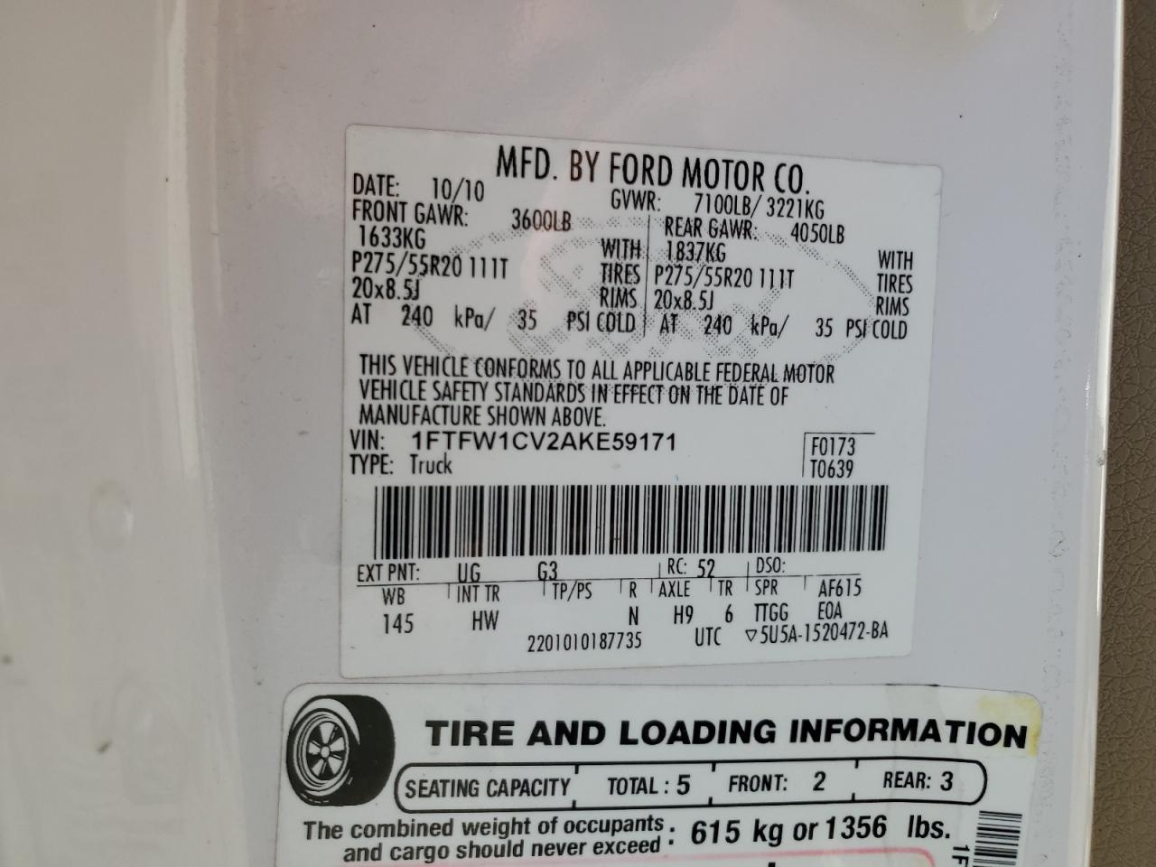 2010 Ford F150 Supercrew VIN: 1FTFW1CV2AKE59171 Lot: 80160295