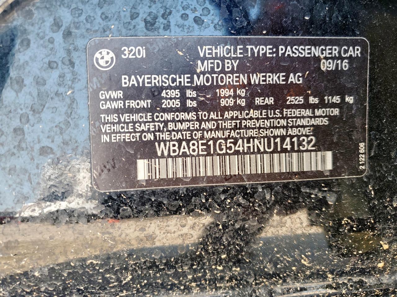 2017 BMW 320 I VIN: WBA8E1G54HNU14132 Lot: 71662365