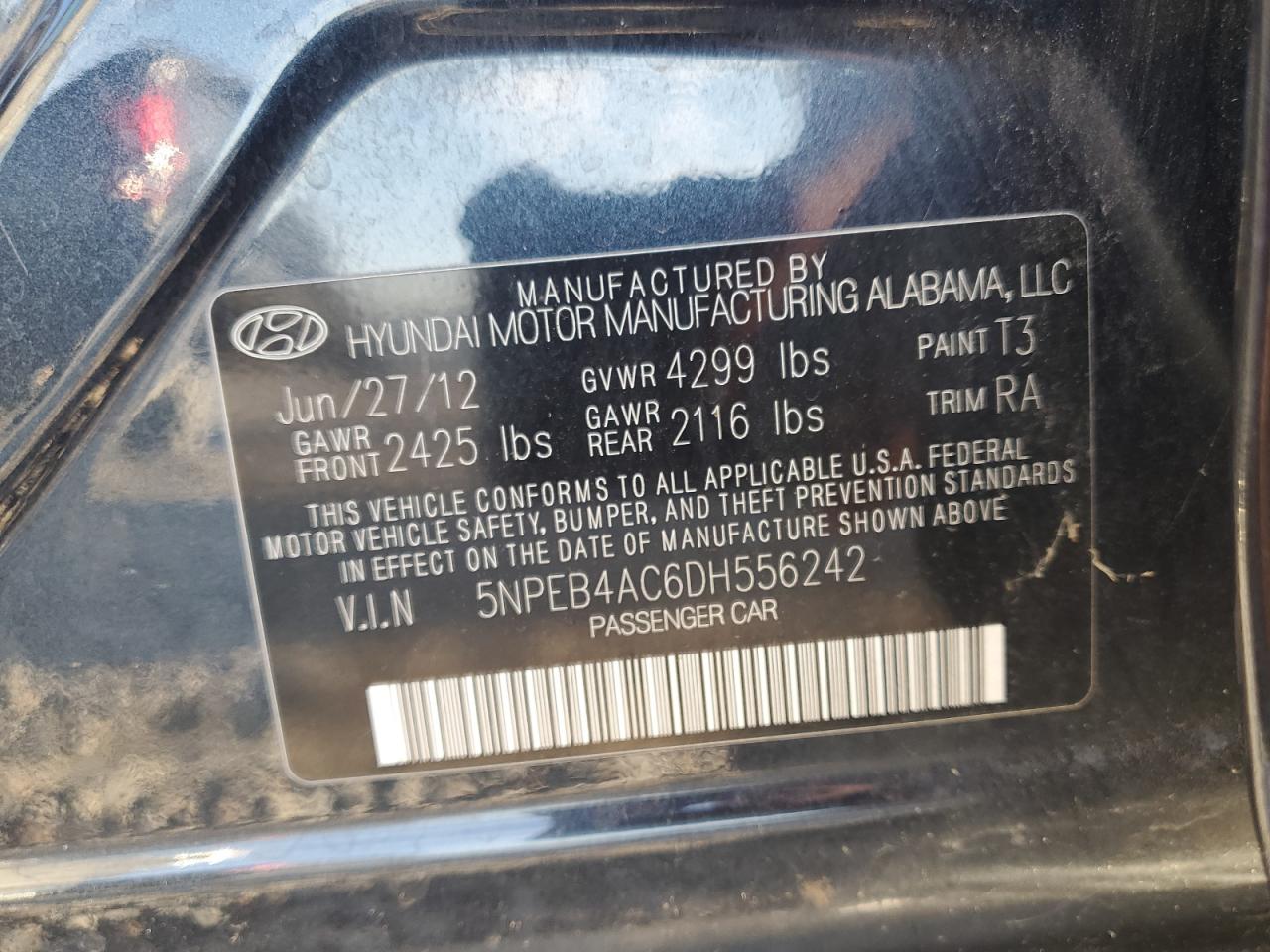 2013 Hyundai Sonata Gls VIN: 5NPEB4AC6DH556242 Lot: 81927165