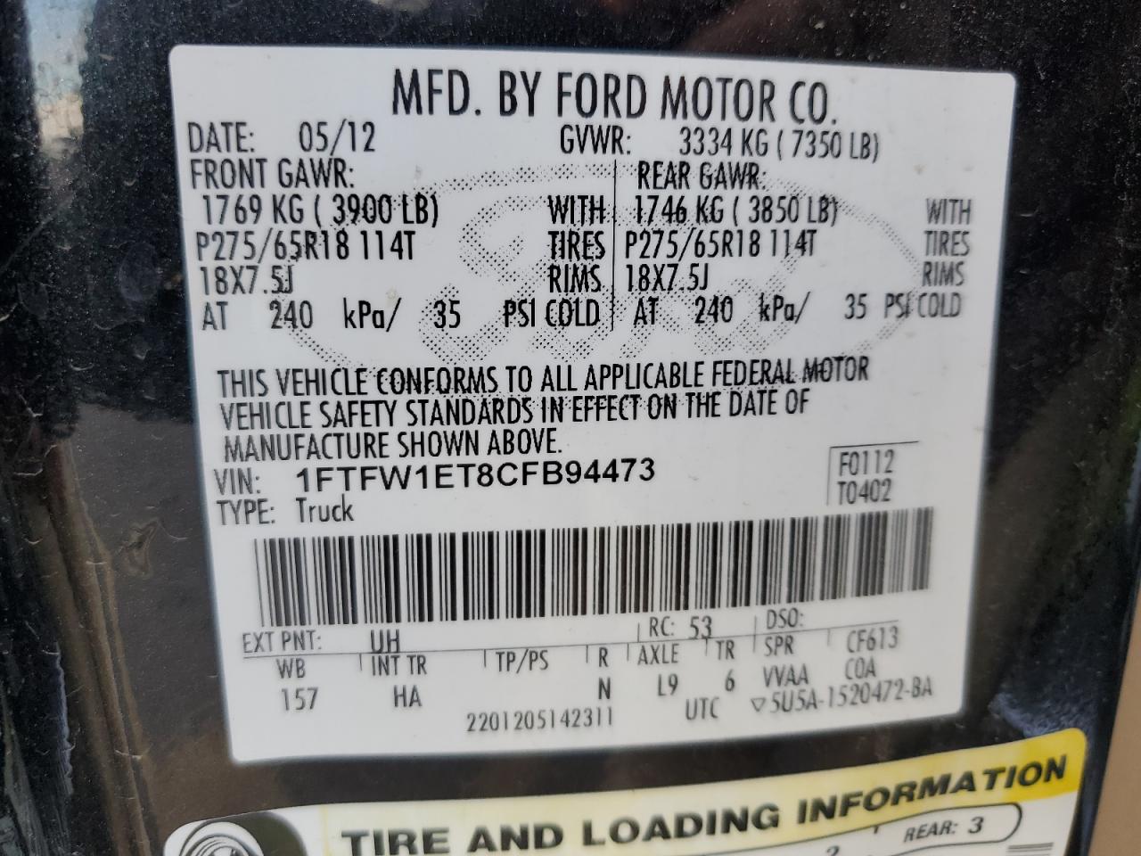 2012 Ford F150 Supercrew VIN: 1FTFW1ET8CFB94473 Lot: 86326865