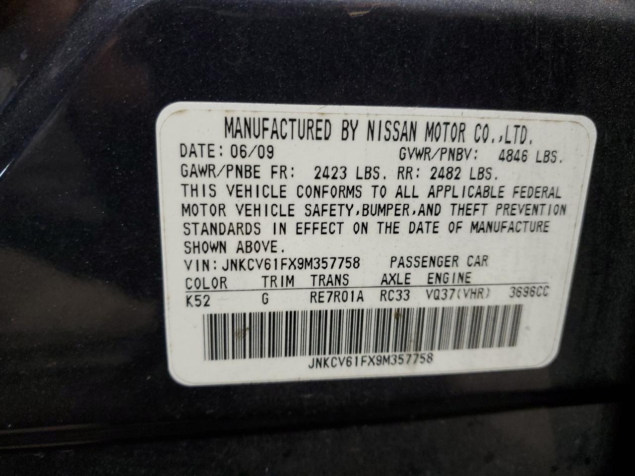 2009 Infiniti G37 VIN: JNKCV61FX9M357758 Lot: 84610535