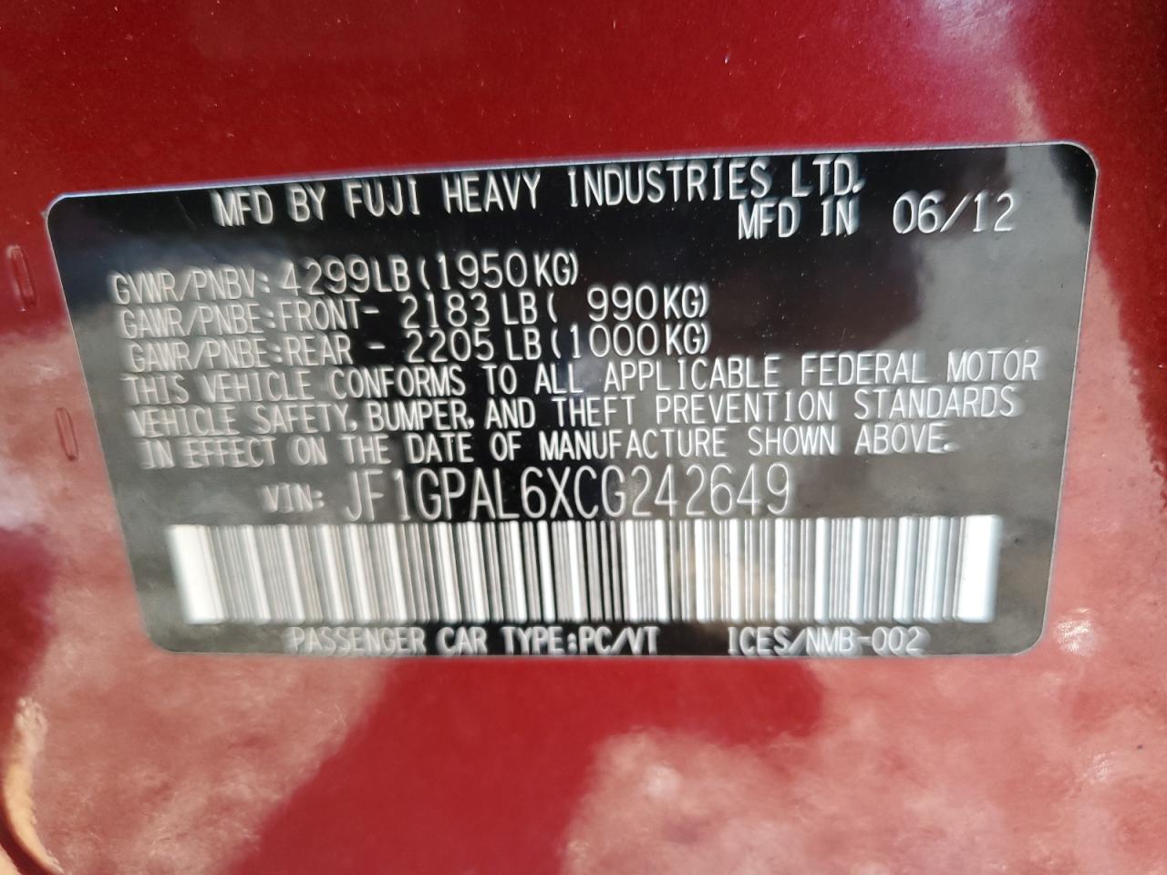 2012 Subaru Impreza Sport Premium VIN: JF1GPAL6XCG242649 Lot: 81296665