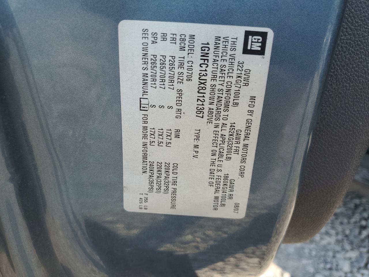 2008 Chevrolet Tahoe C1500 VIN: 1GNFC13JX8J121367 Lot: 80655855