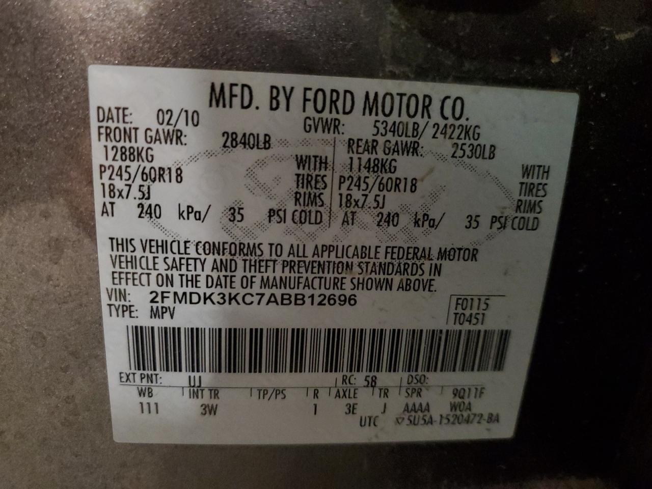 2010 Ford Edge Limited VIN: 2FMDK3KC7ABB12696 Lot: 71244705