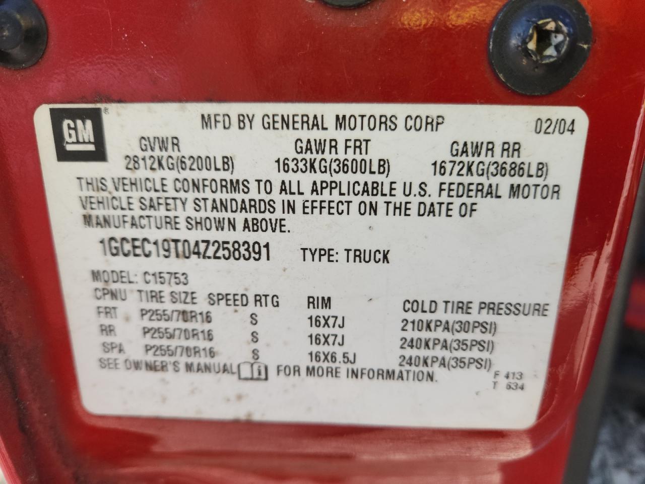 2004 Chevrolet Silverado C1500 VIN: 1GCEC19T04Z258391 Lot: 80249035