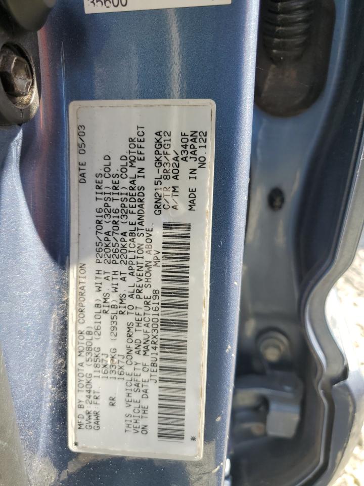2003 Toyota 4Runner Sr5 VIN: JTEBU14RX30016198 Lot: 81813095