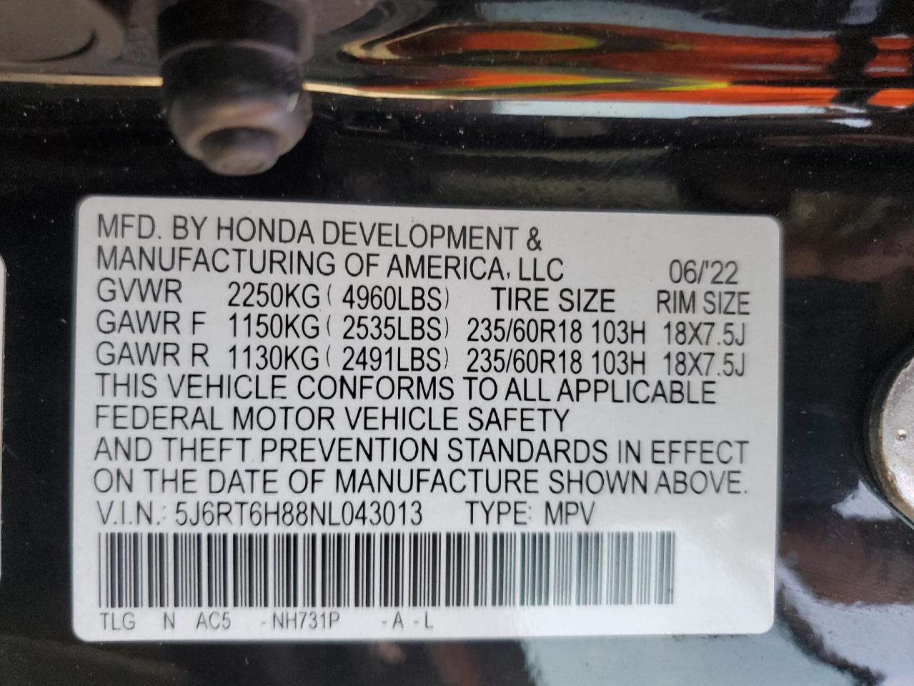 2022 Honda Cr-V Exl VIN: 5J6RT6H88NL043013 Lot: 81275565