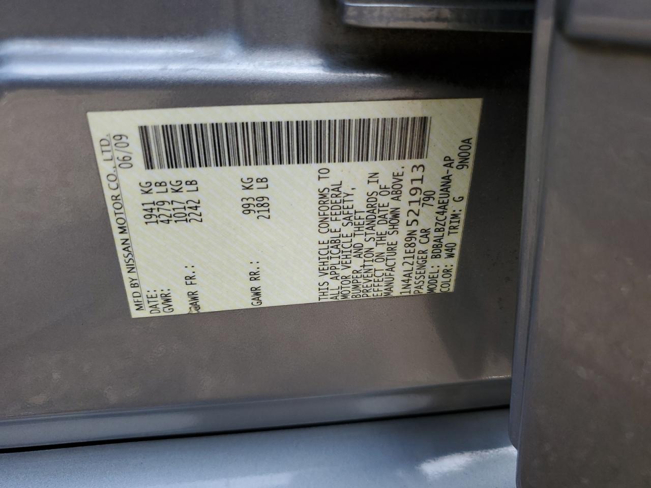 2009 Nissan Altima 2.5 VIN: 1N4AL21E89N521913 Lot: 81465365