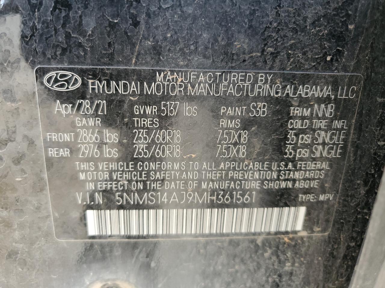 2021 Hyundai Santa Fe Se VIN: 5NMS14AJ9MH361561 Lot: 72102835