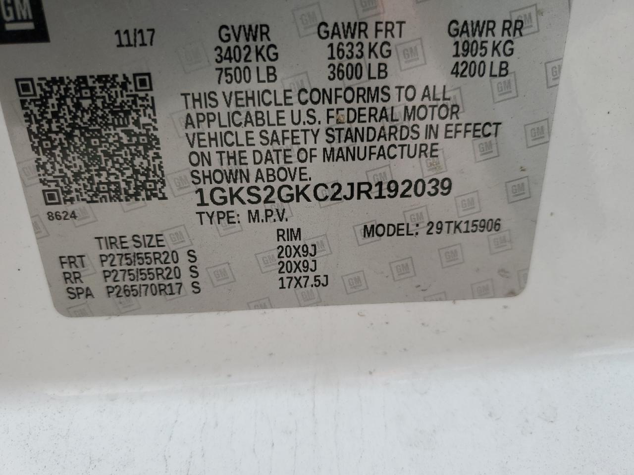 2018 GMC Yukon Xl K1500 Slt VIN: 1GKS2GKC2JR192039 Lot: 80730325