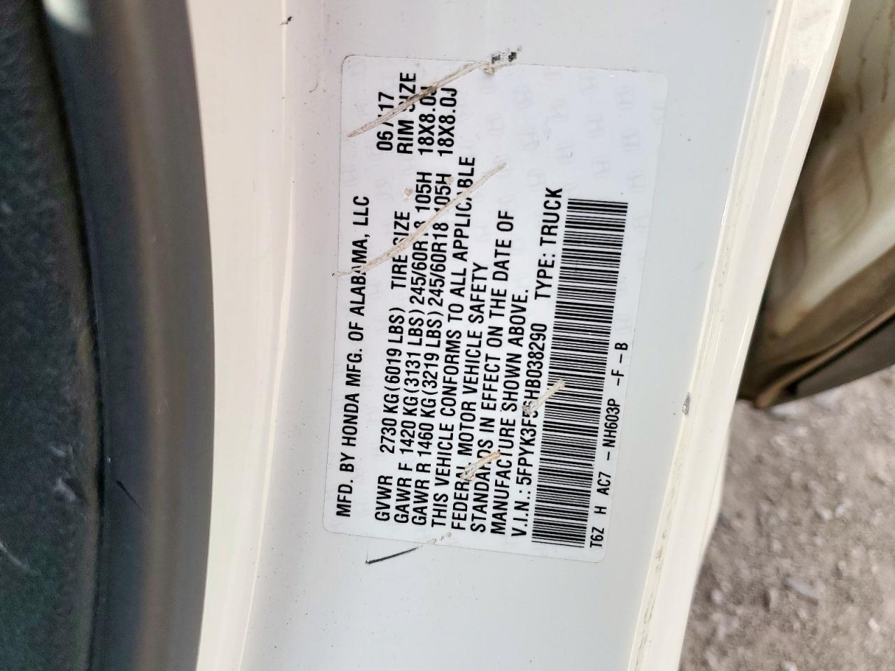 2017 Honda Ridgeline Rtl VIN: 5FPYK3F56HB038290 Lot: 71868305