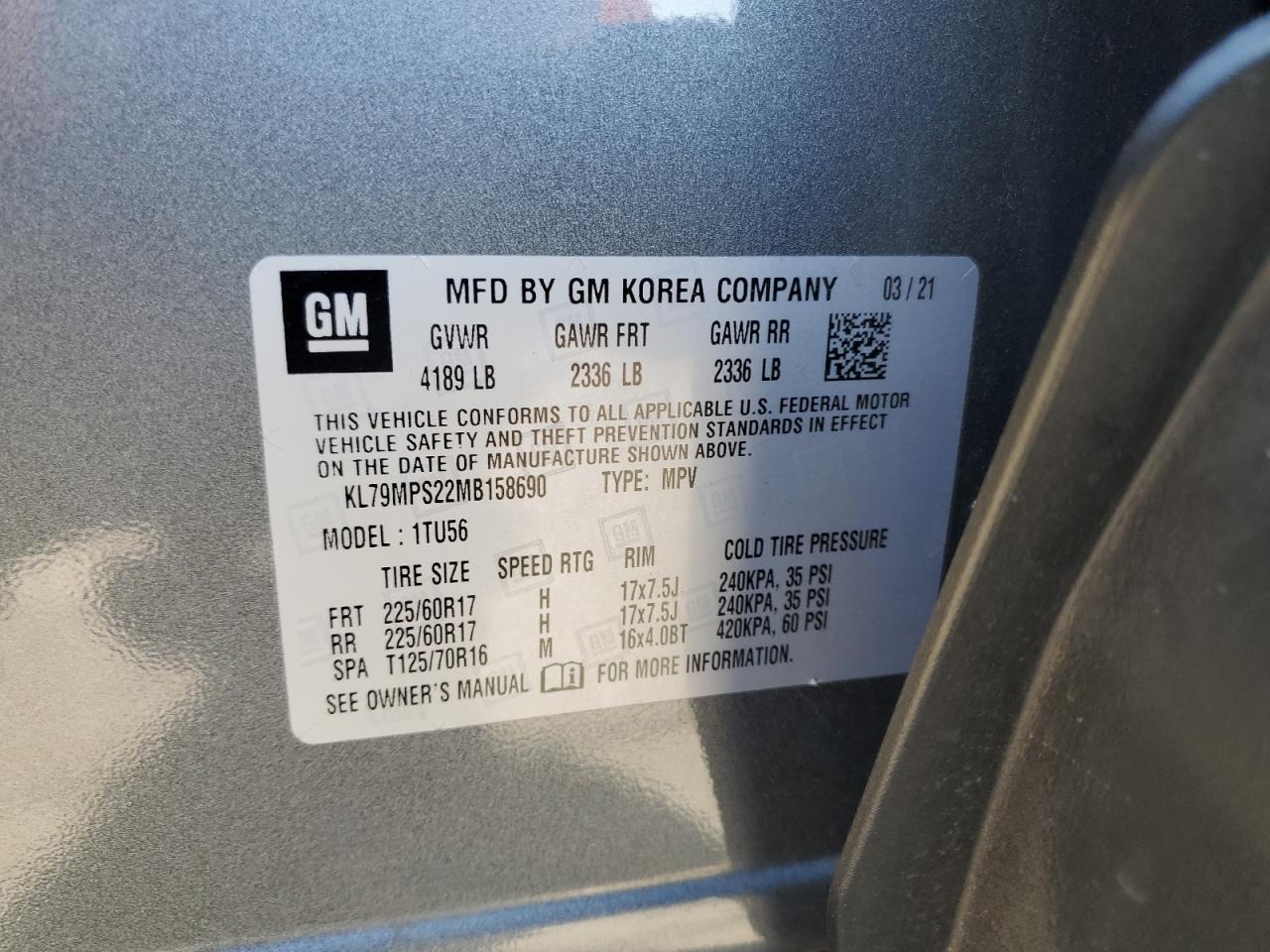 2021 Chevrolet Trailblazer Lt VIN: KL79MPS22MB158690 Lot: 82160295
