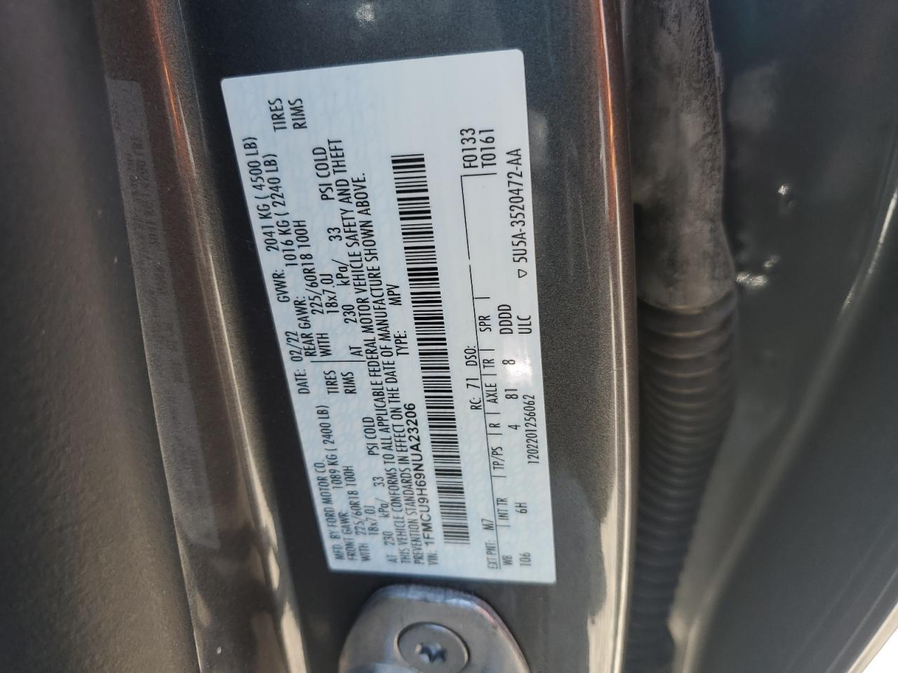 2022 Ford Escape Sel VIN: 1FMCU9H69NUA23206 Lot: 80363085