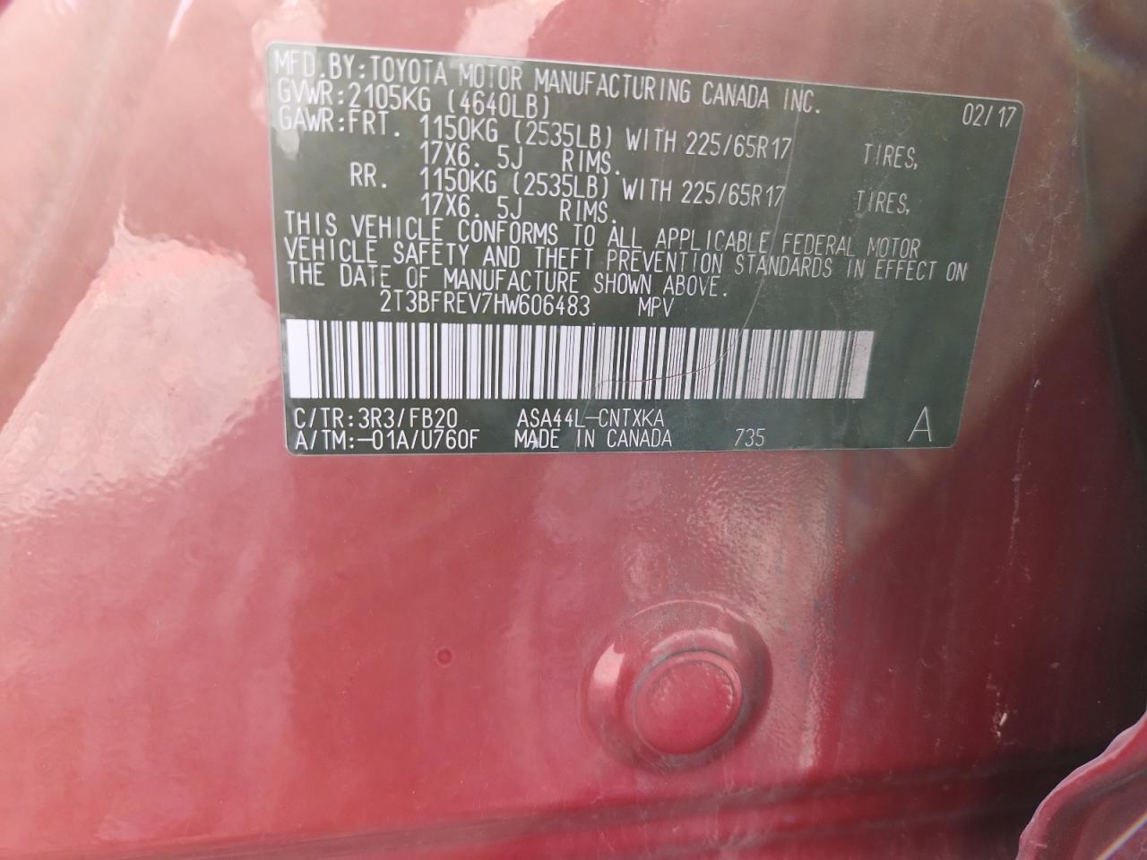 2017 Toyota Rav4 Le VIN: 2T3BFREV7HW606483 Lot: 83810325