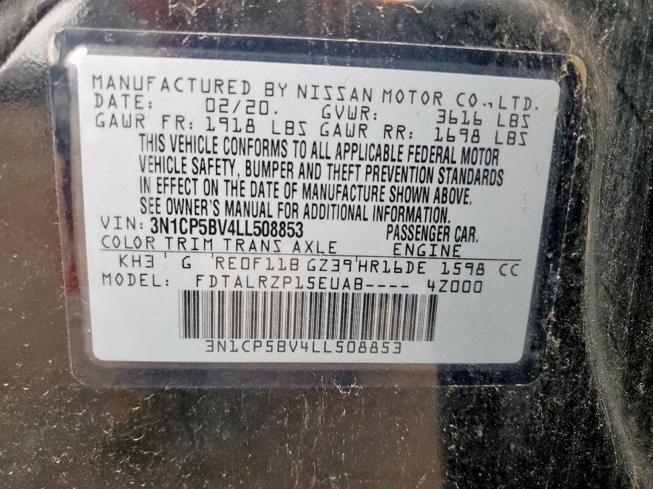 2020 Nissan Kicks S VIN: 3N1CP5BV4LL508853 Lot: 83996725