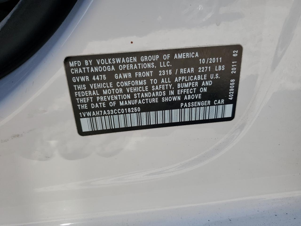 2012 Volkswagen Passat S VIN: 1VWAH7A33CC018250 Lot: 80999445