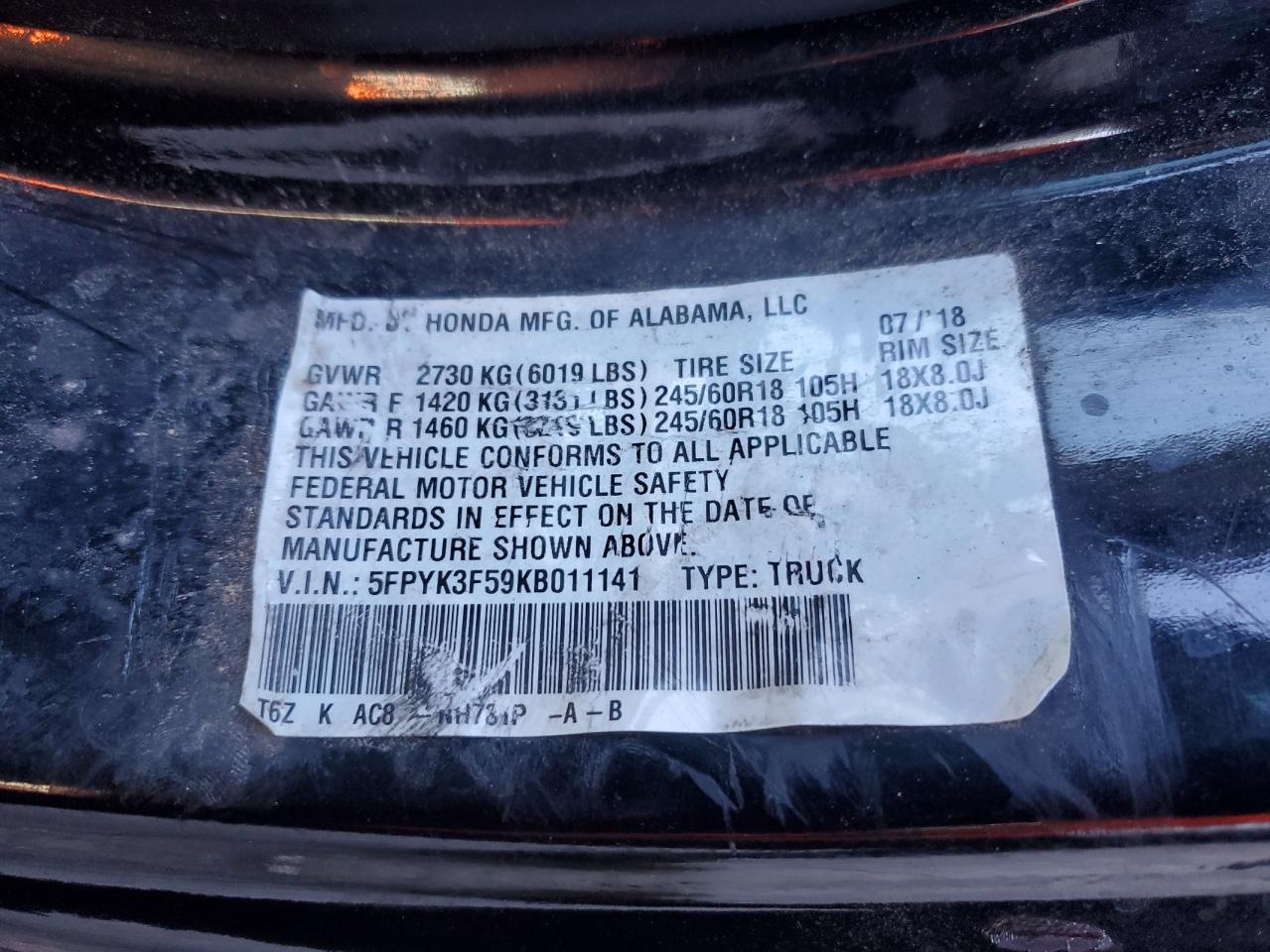 2019 Honda Ridgeline Rtl VIN: 5FPYK3F59KB011141 Lot: 80697665