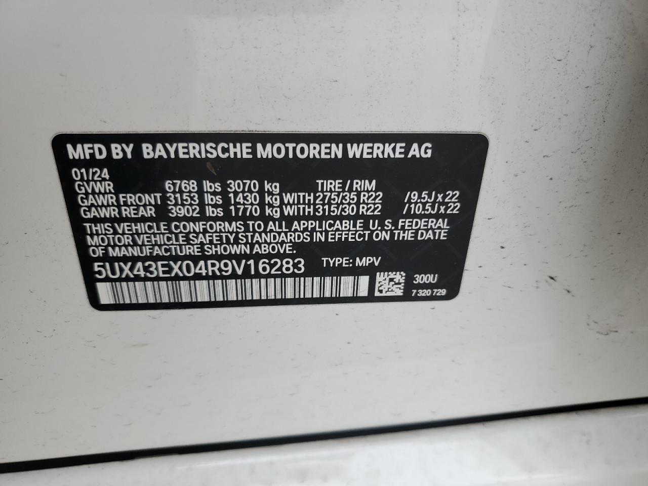 2024 BMW X6 M60I VIN: 5UX43EX04R9V16283 Lot: 84201645