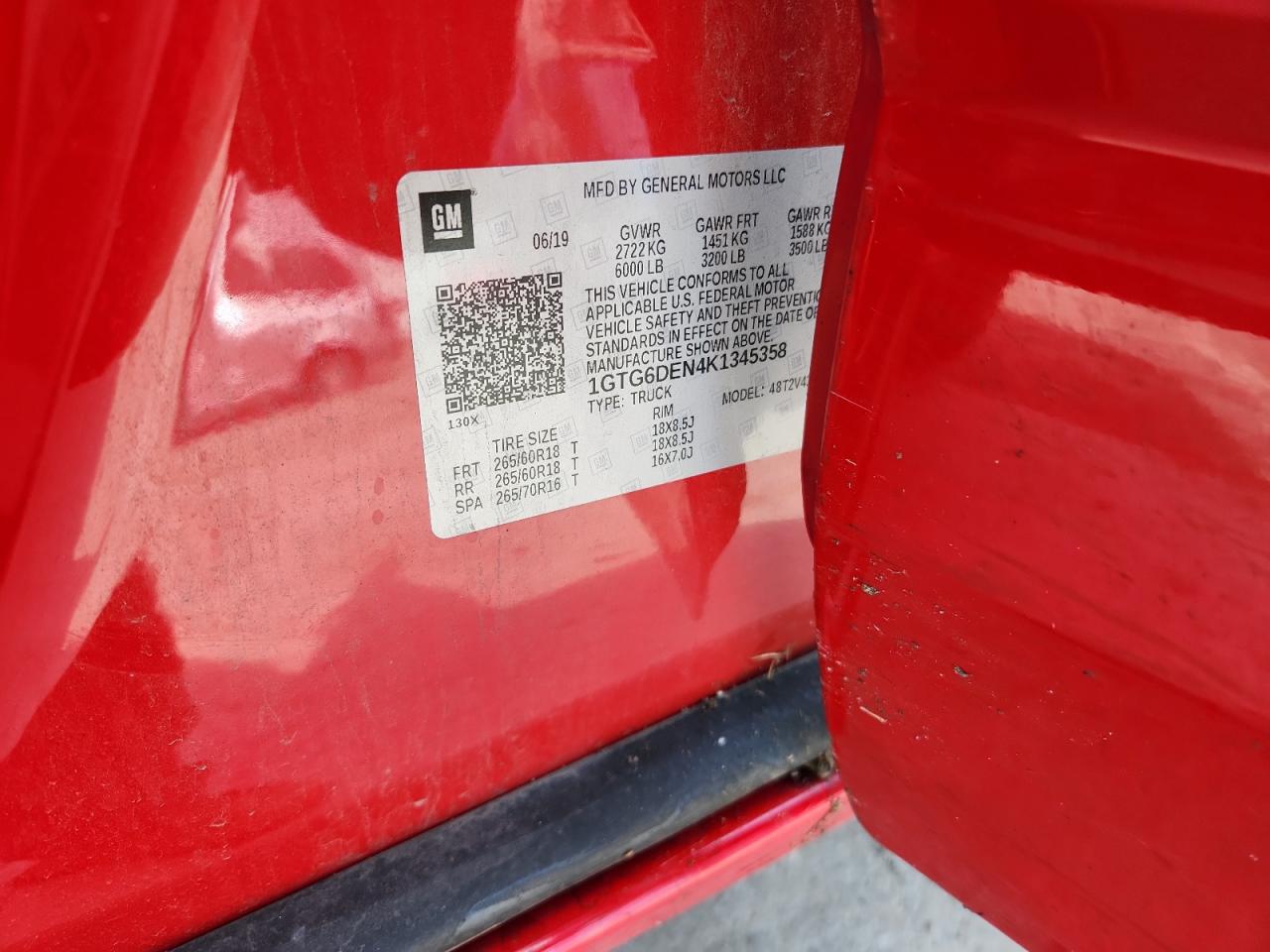 2019 GMC Canyon Slt VIN: 1GTG6DEN4K1345358 Lot: 80181215